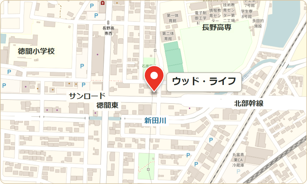 赤いピンで示した長野市徳間3305のウッド・ライフ本店周辺地図