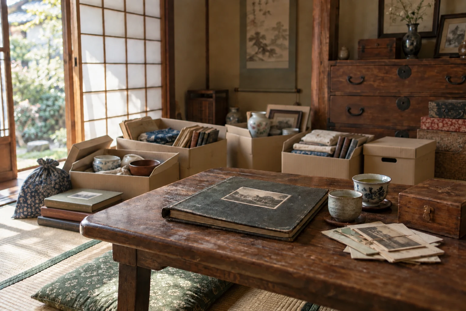 アルバムや思い出の品が残る実家のイメージ